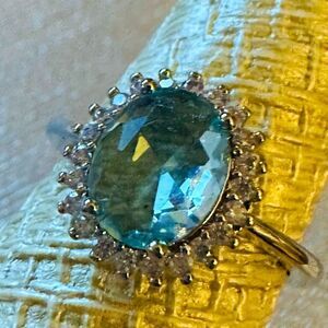 NATURAL AQUAMARINE 925 HALO RING LIGHT BLUE ROUND ART DECO STATEMENT RING